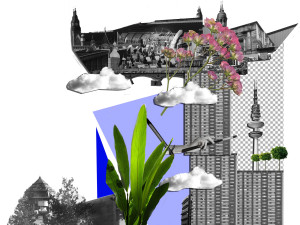 Eine Fotocollage auf weißem Hintergrund. Davor eine angedeutete Syline.