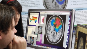 Studierende betrachten das Modell eines Gehirns auf einem Monitor.