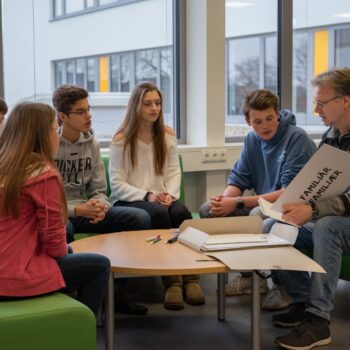 Joachim Wendling in der Vorbereitung für "Die Schülerfrage" mit den Schülern
